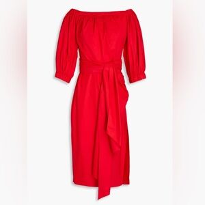 Carolina Herrera Off-the-shoulder belted cotton blend poplin midi dress in red